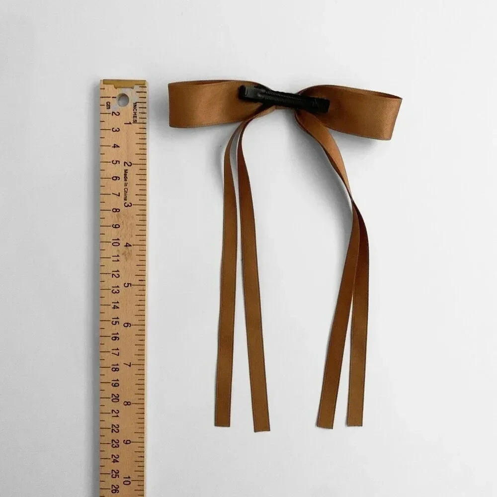 NWT Pretty Girls Long Hair Bows Satin Ribbon Clip on Kids Hair Accessory Carmel